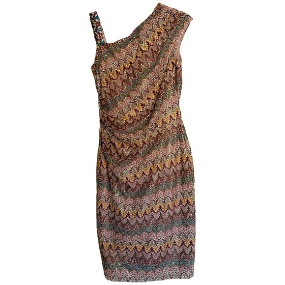 David Meister Dress Size 2 Multicolor Retro Asymmetrical Neckline Beaded Sequin - Picture 1 of 16
